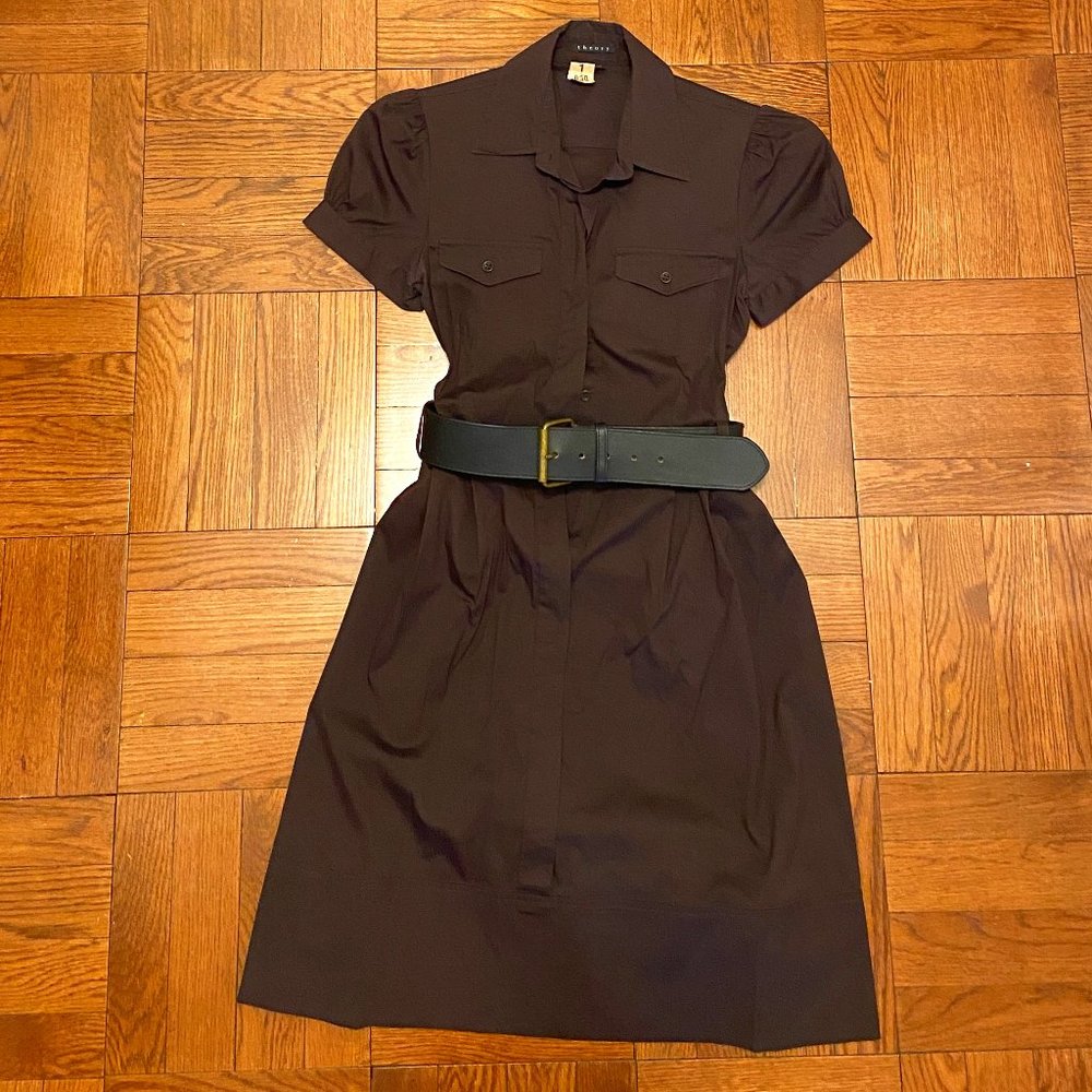 Theory Brown Anna Shirt Dress with Black Leather Belt Size 4